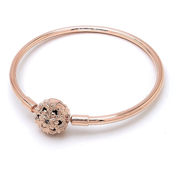Pandora Jewelry - Pandora Moments Sparkling Snowflake Clasp Bangle In Rose Gold